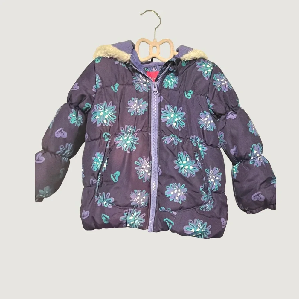 London Fog Girls Purple Floral Puffer Jacket Faux Fur Hood Coat Size 4 L216997